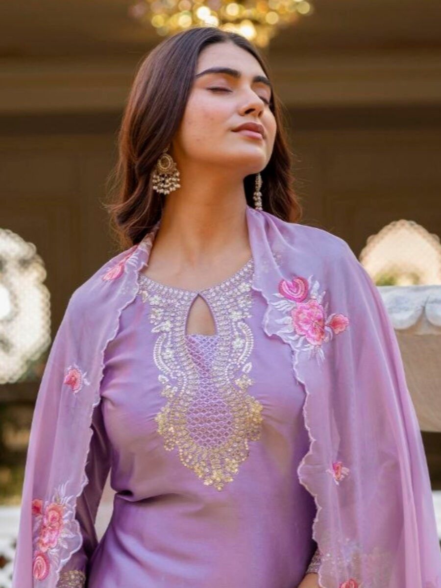 Purple Pure Japan Satin Embroidery Sequins Zari Wedding Party Festival Ready Palazzo Pant Salwar Kameez