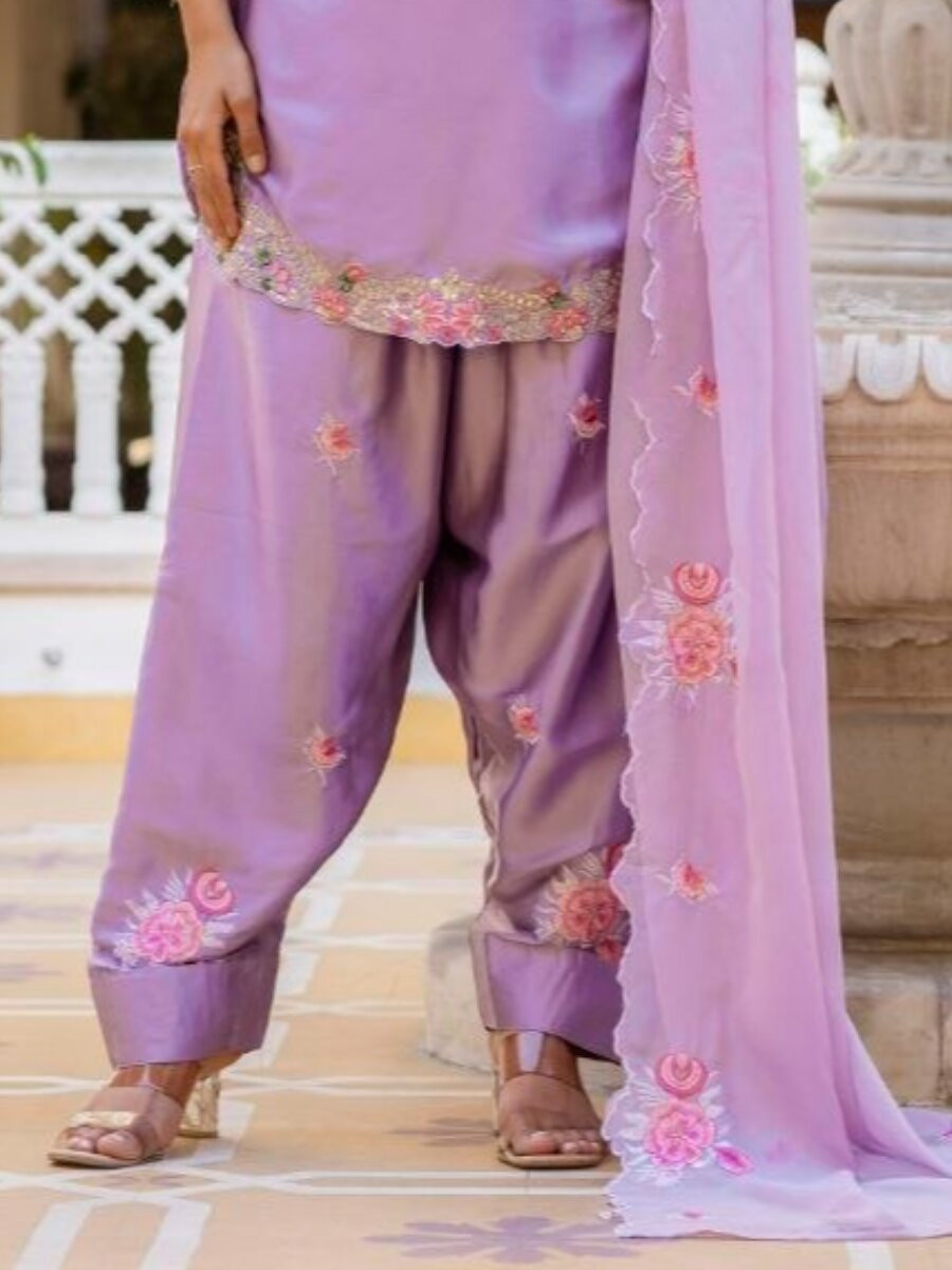 Purple Pure Japan Satin Embroidery Sequins Zari Wedding Party Festival Ready Palazzo Pant Salwar Kameez