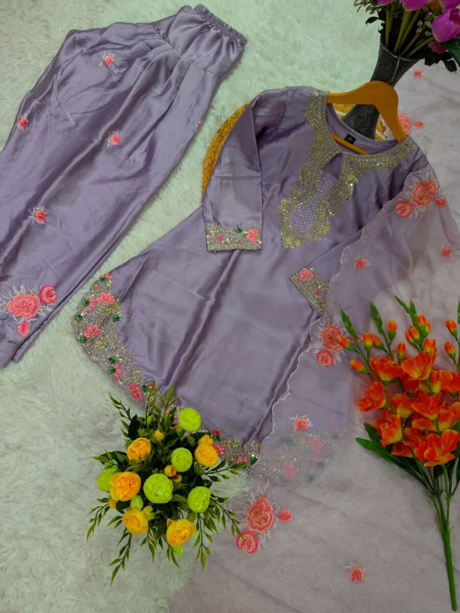 Purple Pure Japan Satin Embroidery Sequins Zari Wedding Party Festival Ready Palazzo Pant Salwar Kameez