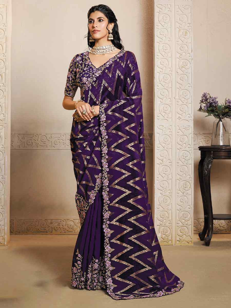 Purple Pure Jaquard Velvet Silk Embroidery Traditional Bridal Reception Festival Wedding Fancy Heavy Border Saree