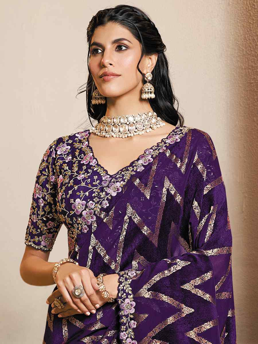 Purple Pure Jaquard Velvet Silk Embroidery Traditional Bridal Reception Festival Wedding Fancy Heavy Border Saree