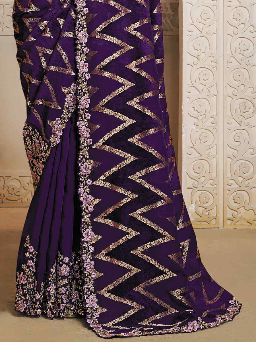 Purple Pure Jaquard Velvet Silk Embroidery Traditional Bridal Reception Festival Wedding Fancy Heavy Border Saree