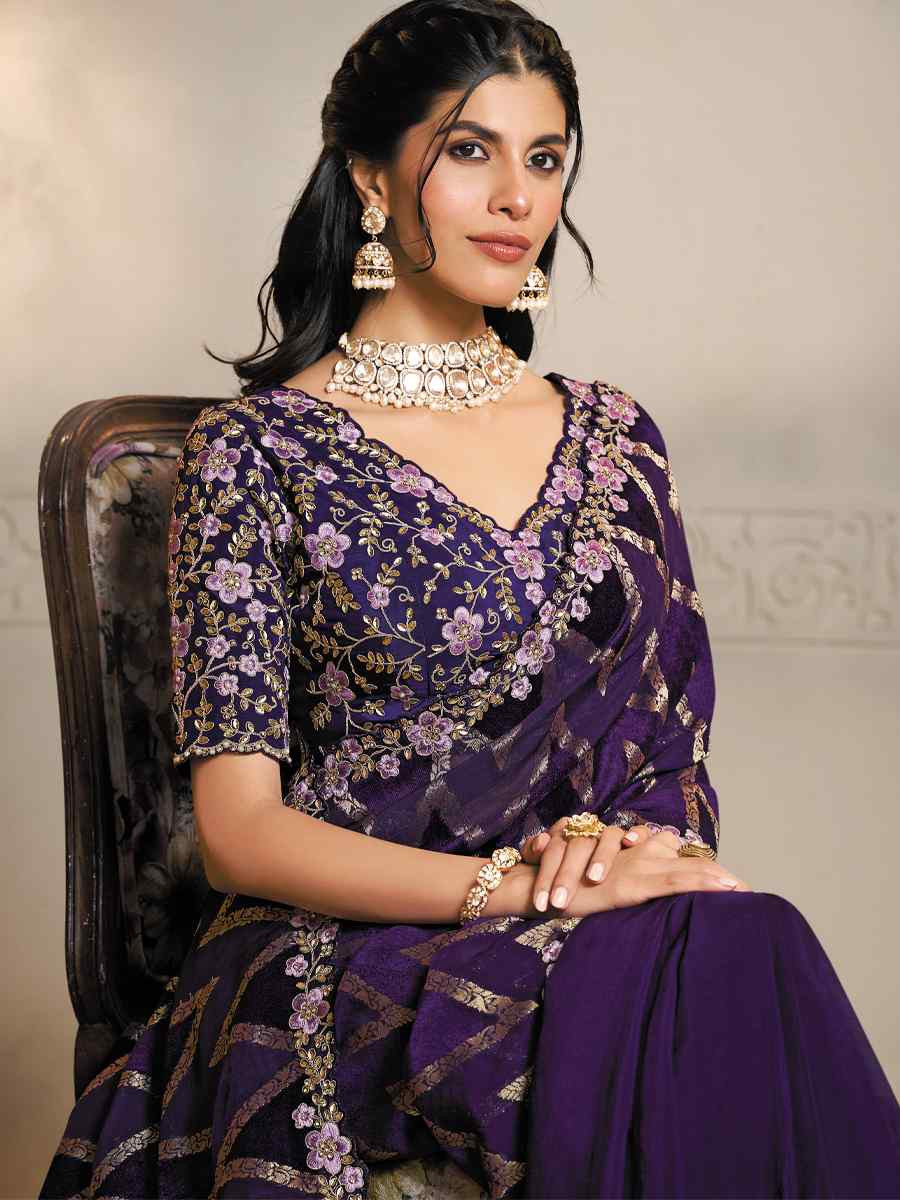 Purple Pure Jaquard Velvet Silk Embroidery Traditional Bridal Reception Festival Wedding Fancy Heavy Border Saree