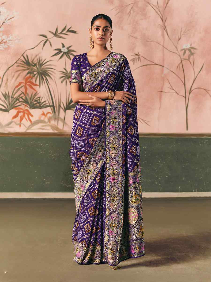 Purple Pure Khaddi Georgette With Designer Bandhej Weaving  Zari Handwoven Bridal Reception Festival Wedding Fancy Heavy Border Saree