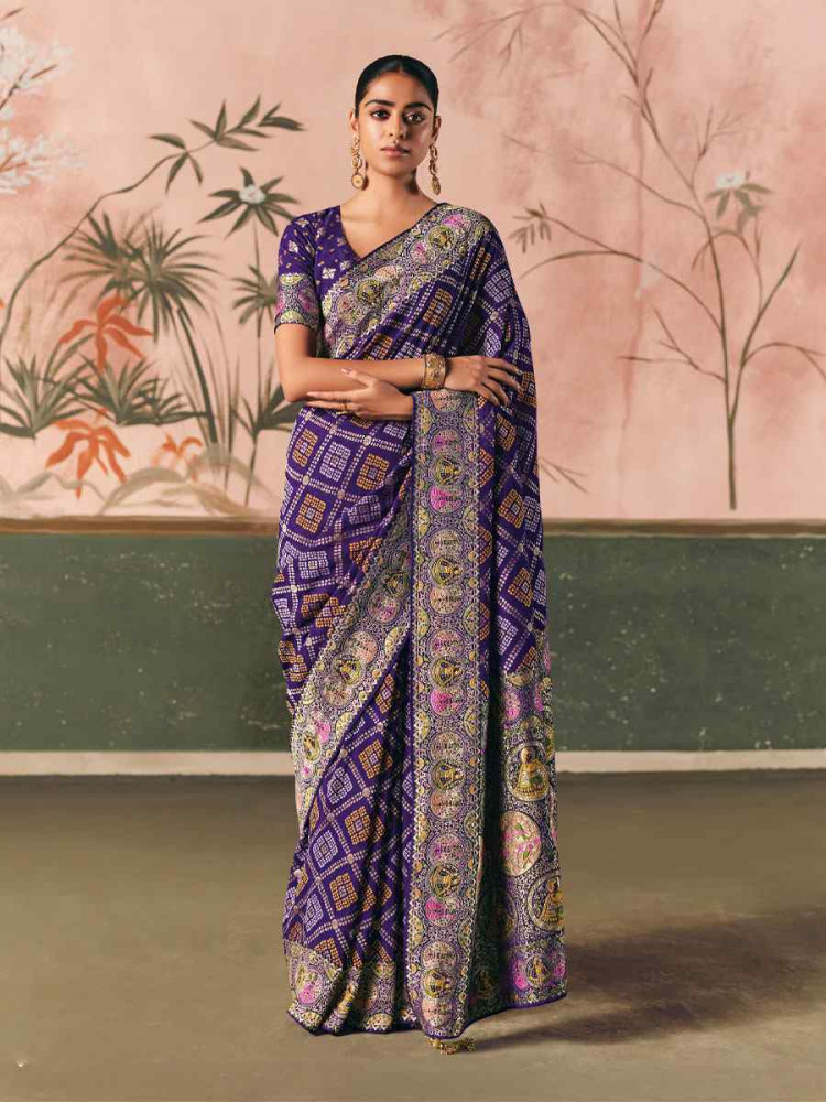 Image of Purple Pure Khaddi Georgette With Designer Bandhej Weaving  Zari Handwoven Bridal Reception Festival Wedding Fancy Heavy Border Saree