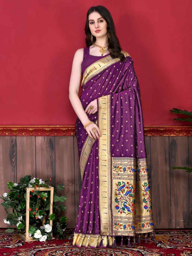 Purple Pure Lichi Silk Handwoven Wedding Festival Heavy Border Saree