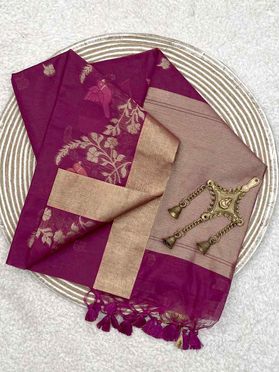 Purple Pure Linen Silk Handwoven Zari Festival Wedding Fancy Heavy Border Saree