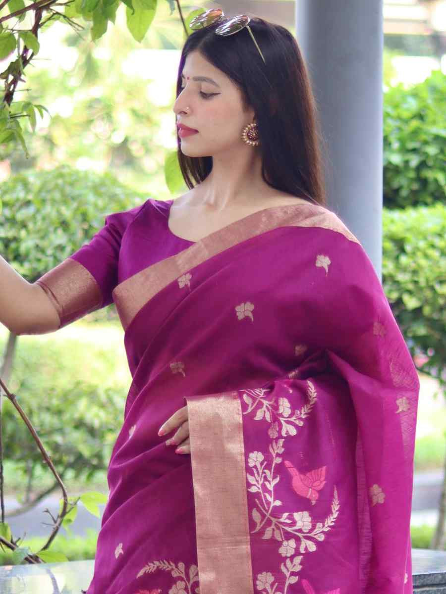 Purple Pure Linen Silk Handwoven Zari Festival Wedding Fancy Heavy Border Saree