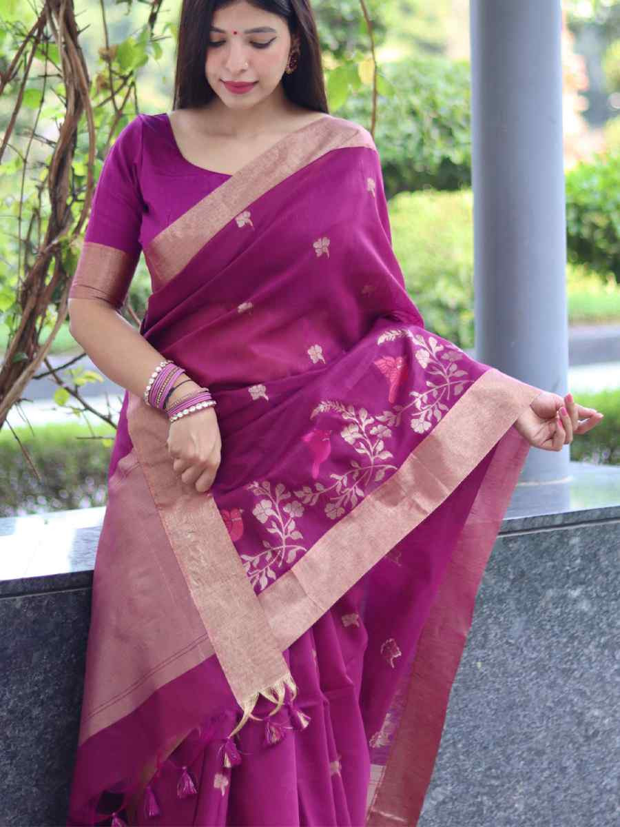 Purple Pure Linen Silk Handwoven Zari Festival Wedding Fancy Heavy Border Saree