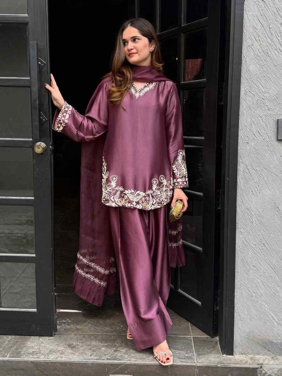 Purple Pure Natural Crep Silk Embroidered Party Wedding Ready Farsi Pant Salwar Kameez