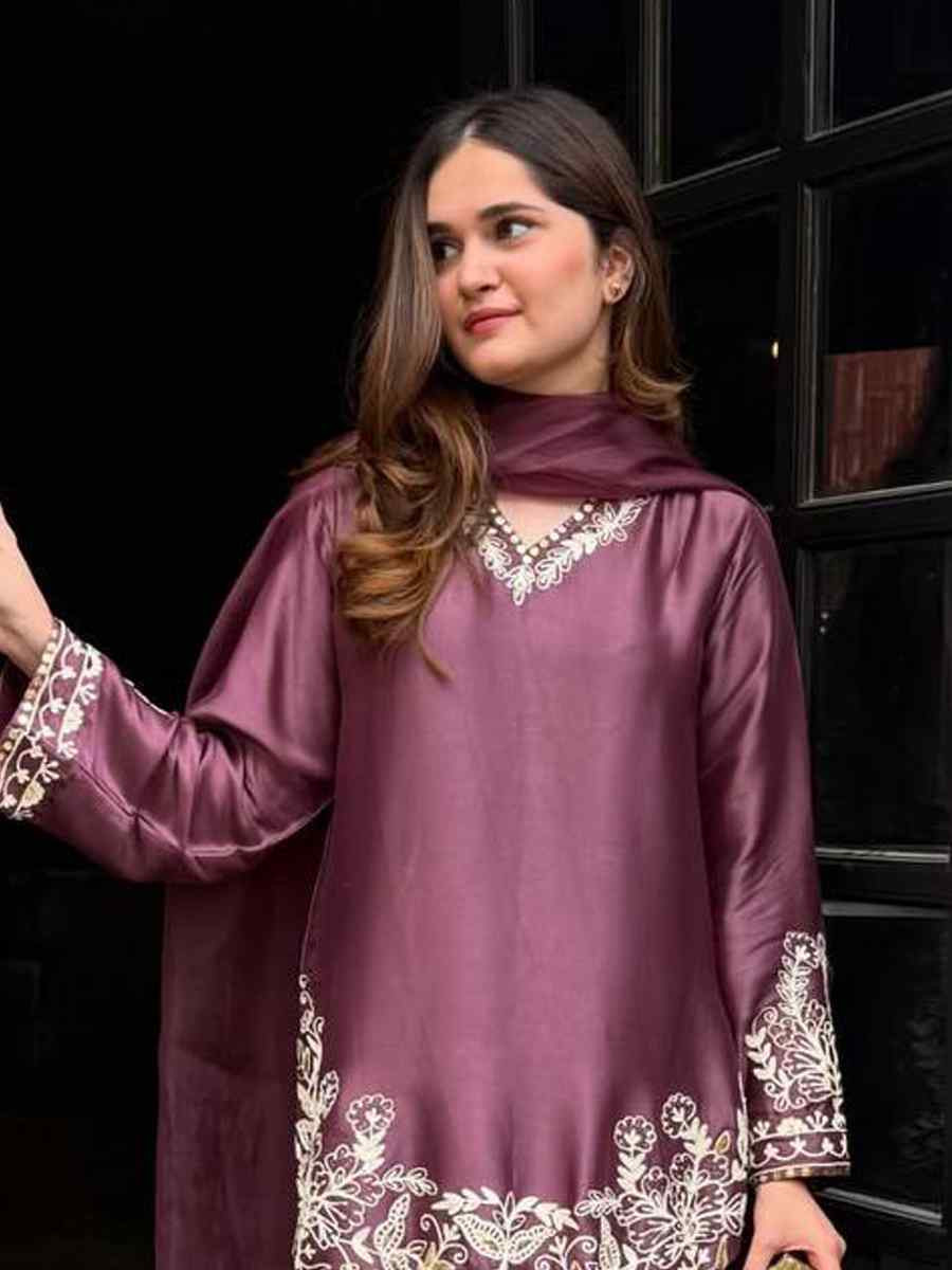 Purple Pure Natural Crep Silk Embroidered Party Wedding Ready Farsi Pant Salwar Kameez