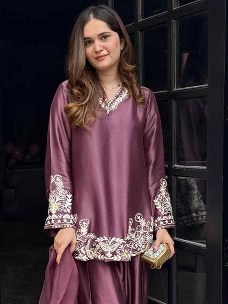 Purple Pure Natural Crep Silk Embroidered Party Wedding Ready Farsi Pant Salwar Kameez