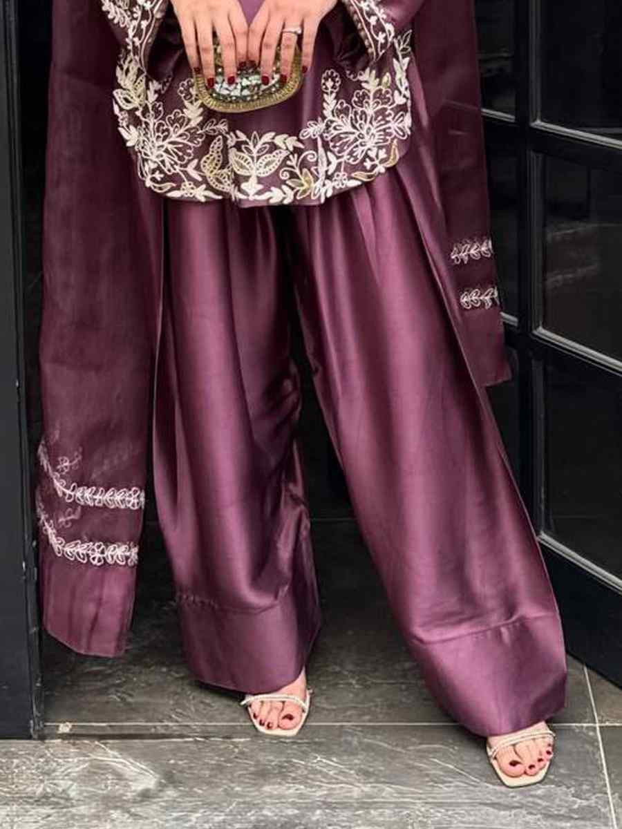 Purple Pure Natural Crep Silk Embroidered Party Wedding Ready Farsi Pant Salwar Kameez