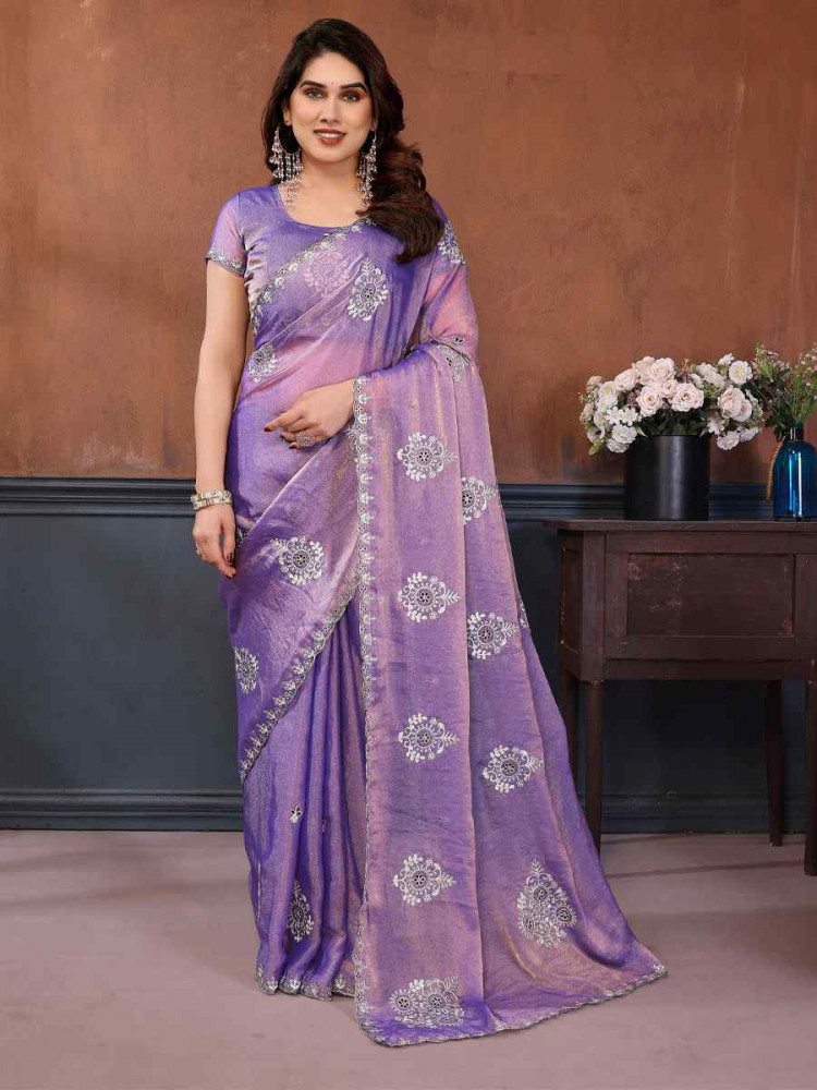Image of Purple Pure N.C Moss Chiffon Embroidery Festival Wedding Fancy Heavy Border Saree