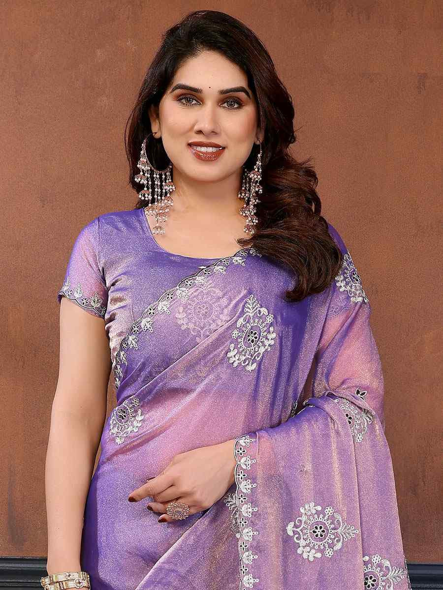 Purple Pure NC Moss Chiffon Embroidery Festival Wedding Fancy Heavy Border Saree