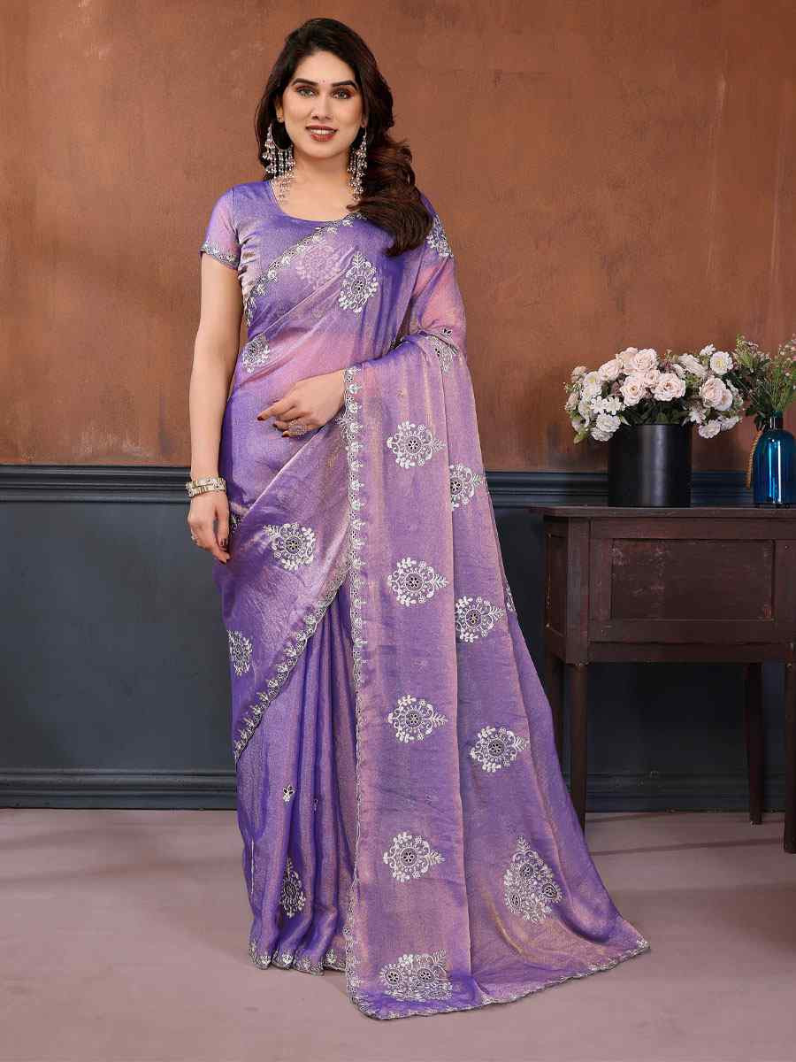 Purple Pure NC Moss Chiffon Embroidery Festival Wedding Fancy Heavy Border Saree