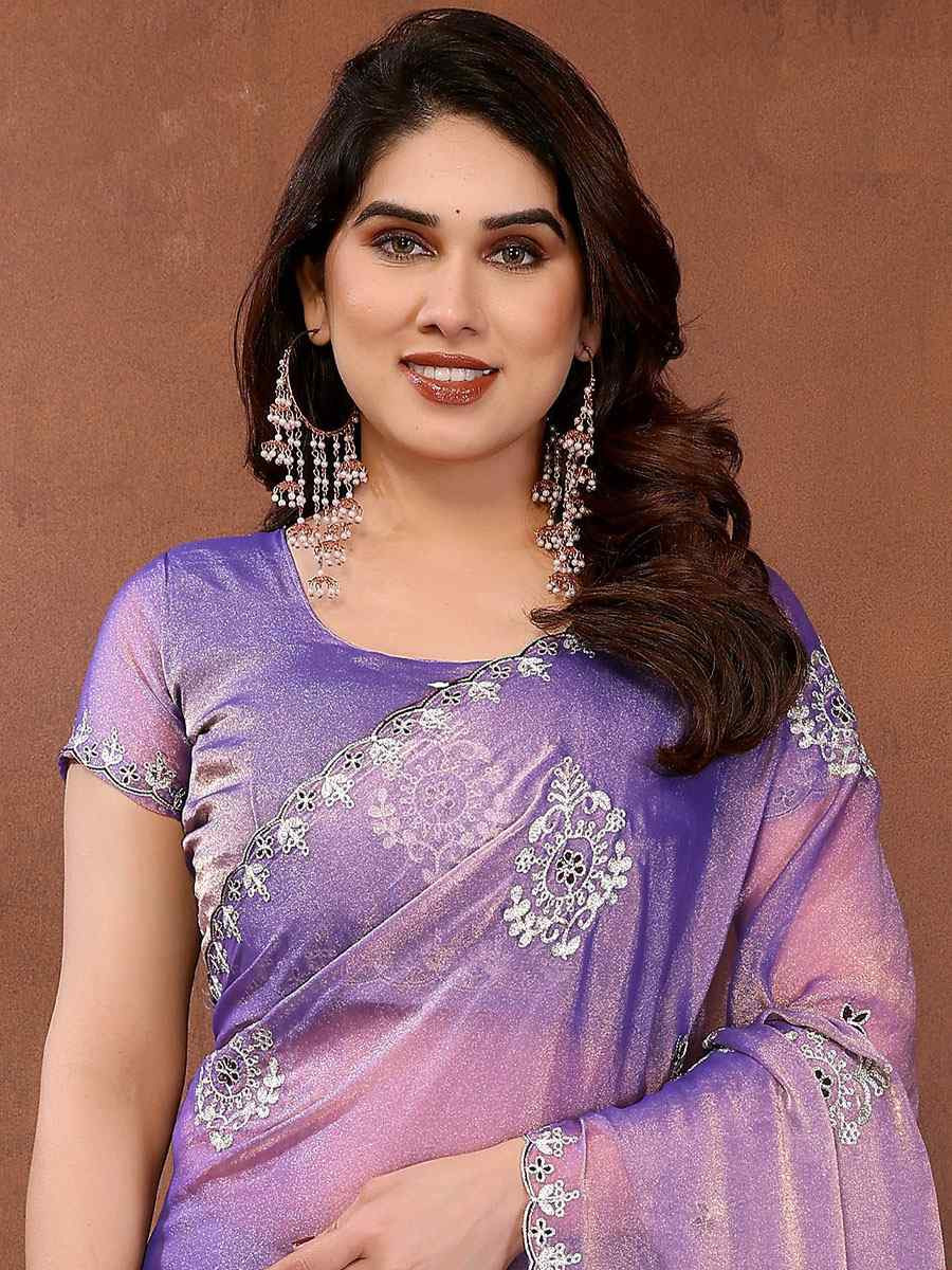 Purple Pure NC Moss Chiffon Embroidery Festival Wedding Fancy Heavy Border Saree