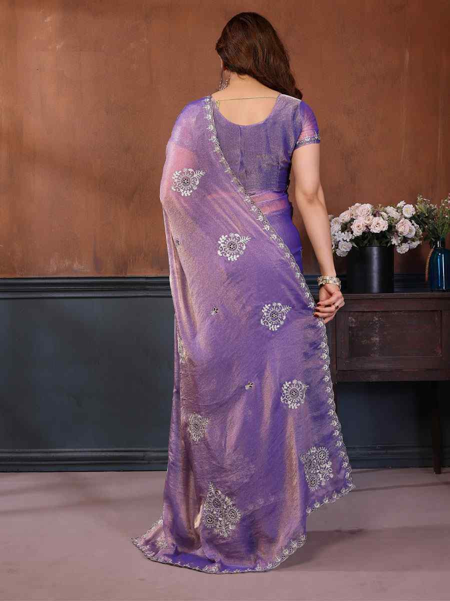 Purple Pure NC Moss Chiffon Embroidery Festival Wedding Fancy Heavy Border Saree