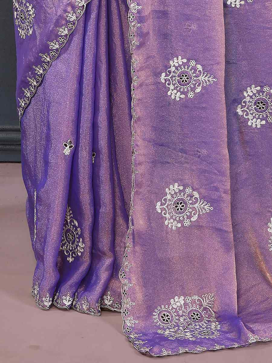 Purple Pure NC Moss Chiffon Embroidery Festival Wedding Fancy Heavy Border Saree