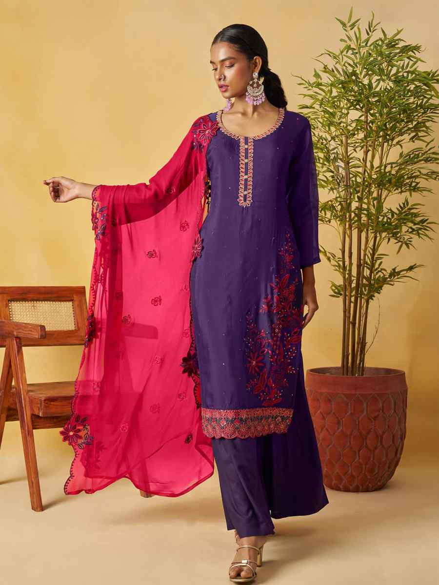 Purple Pure Organza Embroidery Party Wedding Festival Casual Ready Palazzo Pant Salwar Kameez