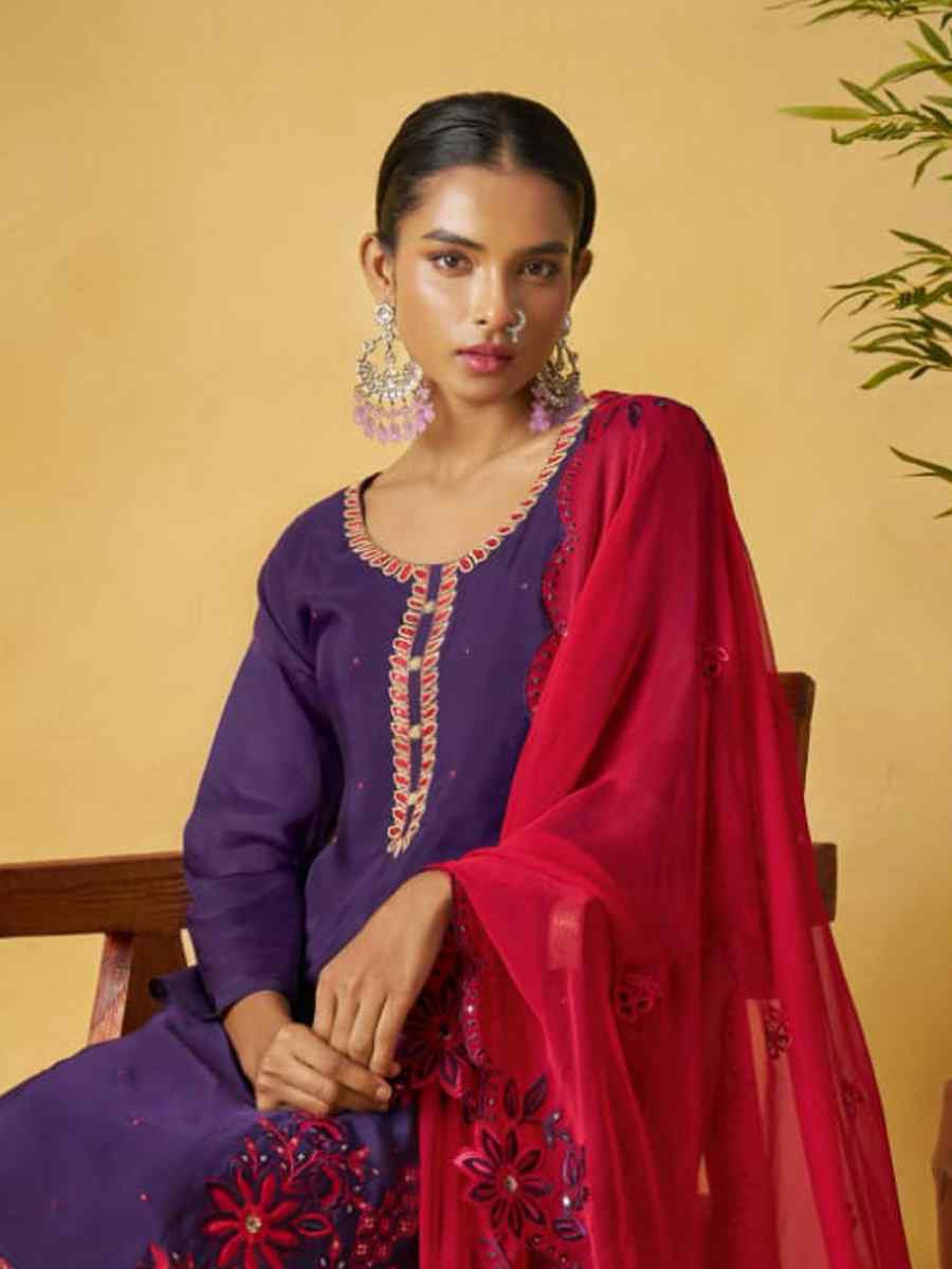 Purple Pure Organza Embroidery Party Wedding Festival Casual Ready Palazzo Pant Salwar Kameez