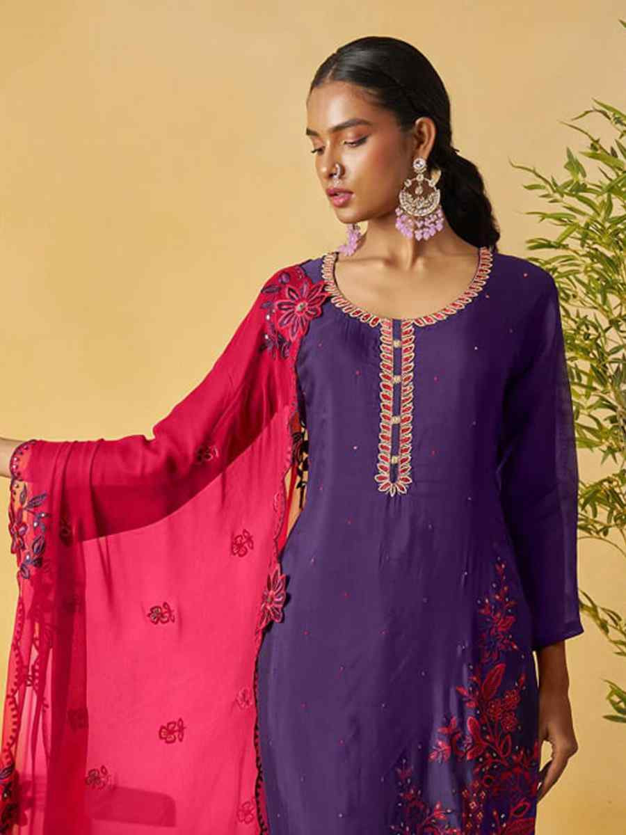 Purple Pure Organza Embroidery Party Wedding Festival Casual Ready Palazzo Pant Salwar Kameez