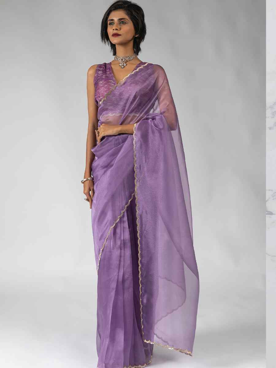 Purple Pure Organza Handwoven Festival Wedding Fancy Heavy Border Saree