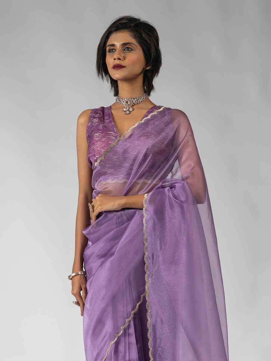 Purple Pure Organza Handwoven Festival Wedding Fancy Heavy Border Saree