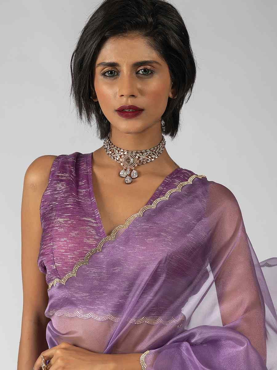 Purple Pure Organza Handwoven Festival Wedding Fancy Heavy Border Saree