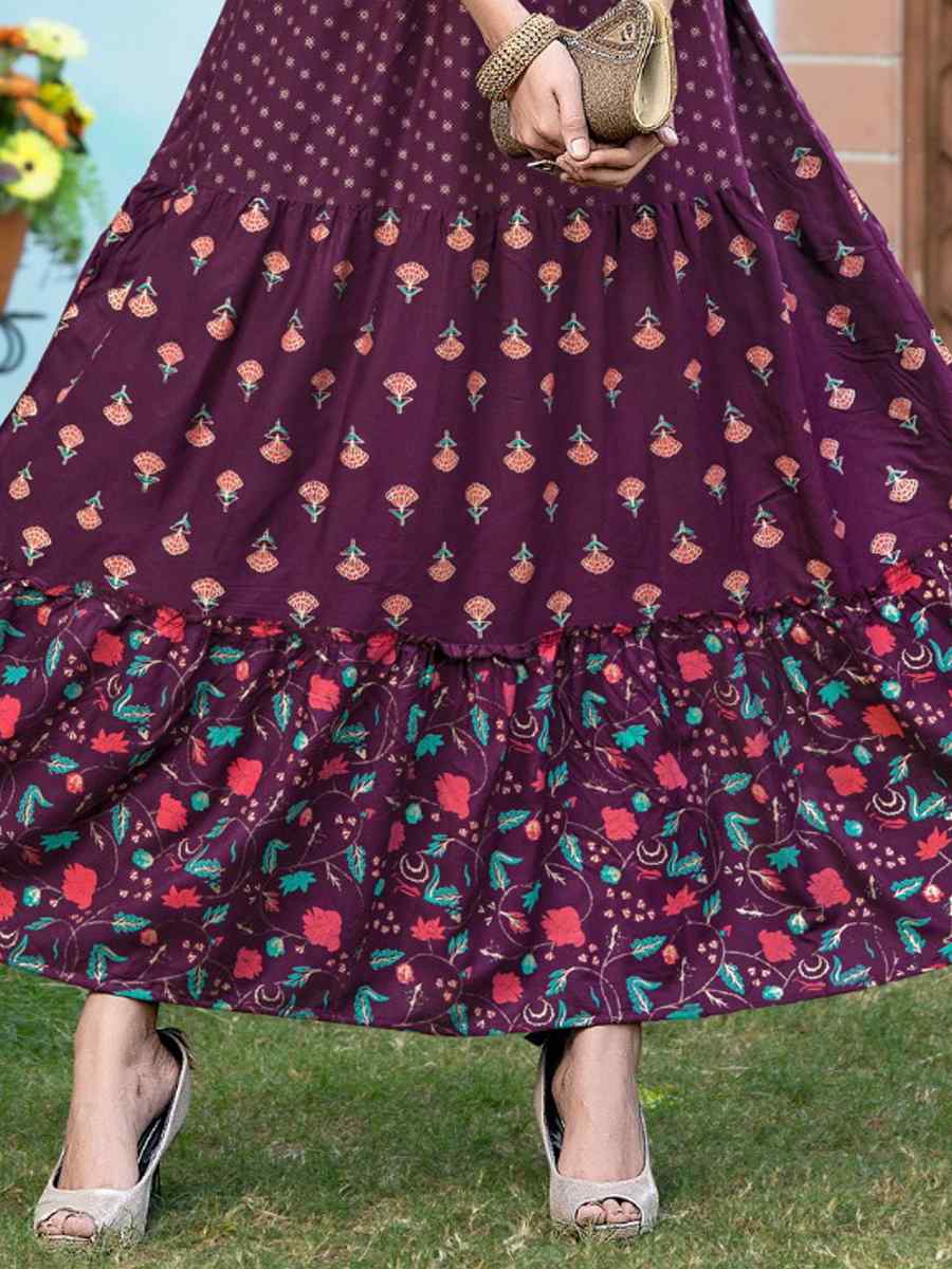 Purple Pure Rayon 14kg Printed Festival Casual Gown