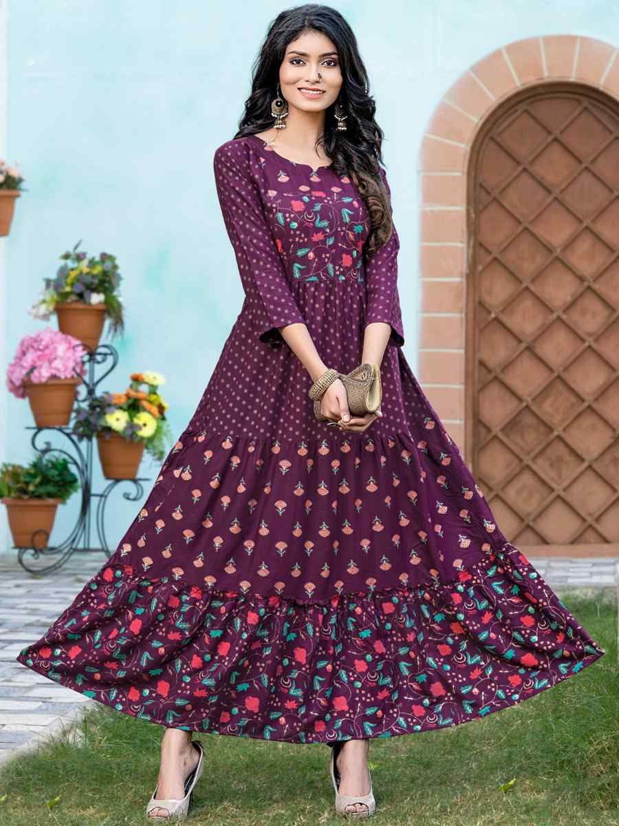 Purple Pure Rayon 14kg Printed Festival Casual Gown