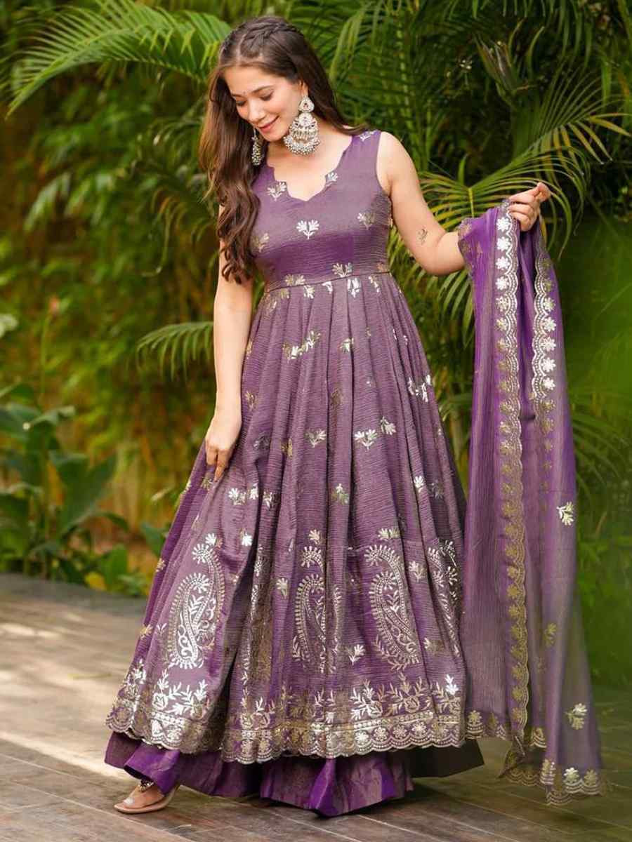 Purple Pure Roman Simar Silk  Embroidered Festival Casual Ready Anarkali Salwar Kameez