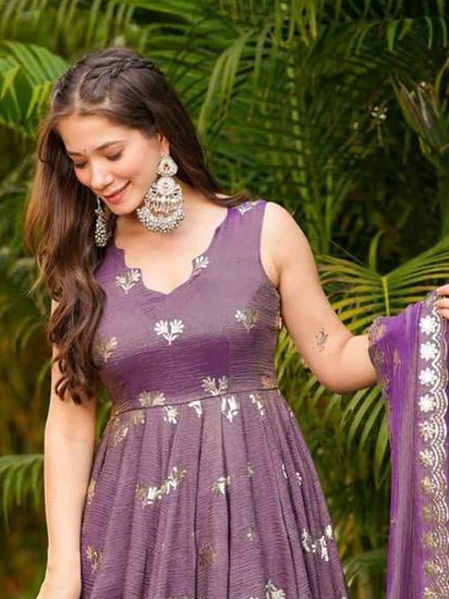 Purple Pure Roman Simar Silk  Embroidered Festival Casual Ready Anarkali Salwar Kameez