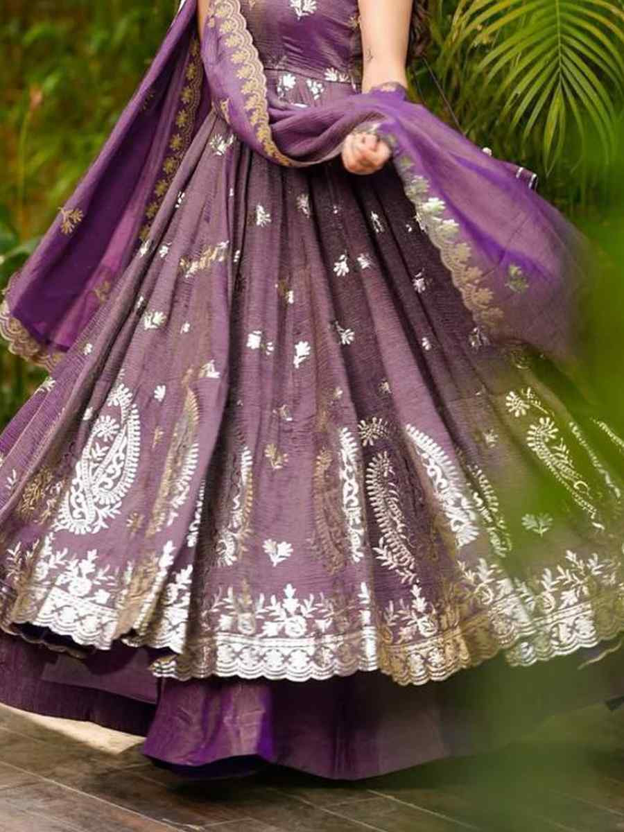 Purple Pure Roman Simar Silk  Embroidered Festival Casual Ready Anarkali Salwar Kameez