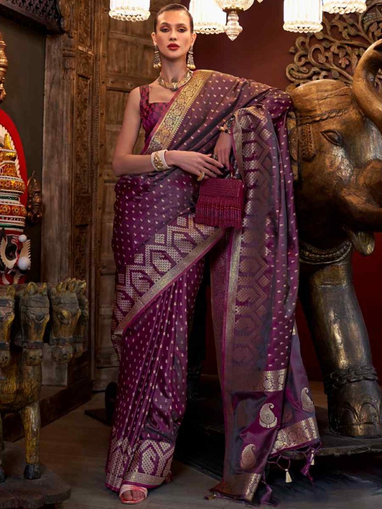 Purple Pure Satin Handwoven Wedding Festival Heavy Border Saree
