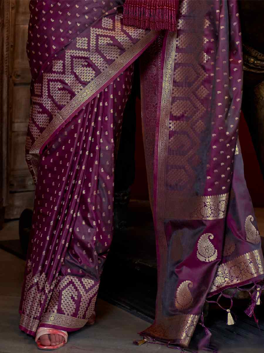 Purple Pure Satin Handwoven Wedding Festival Heavy Border Saree