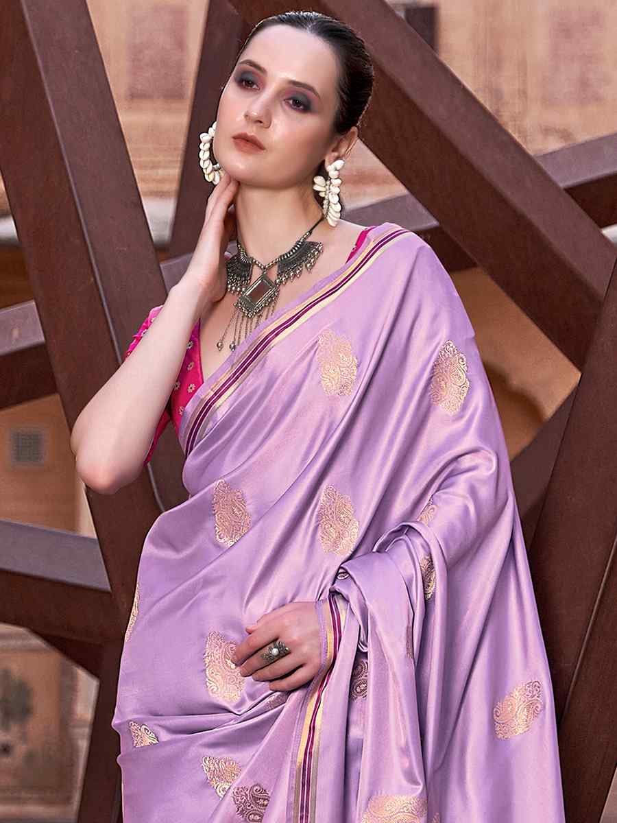Purple Pure Satin Silk Handwoven Wedding Festival Classic Style Saree