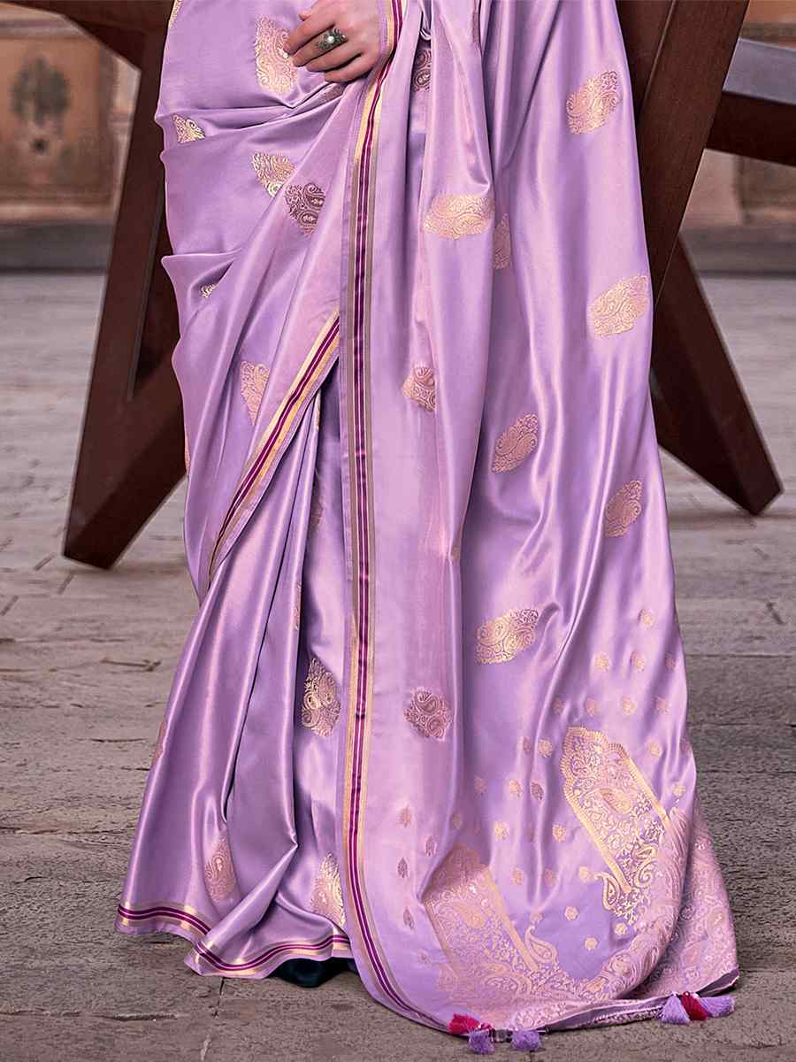 Purple Pure Satin Silk Handwoven Wedding Festival Classic Style Saree