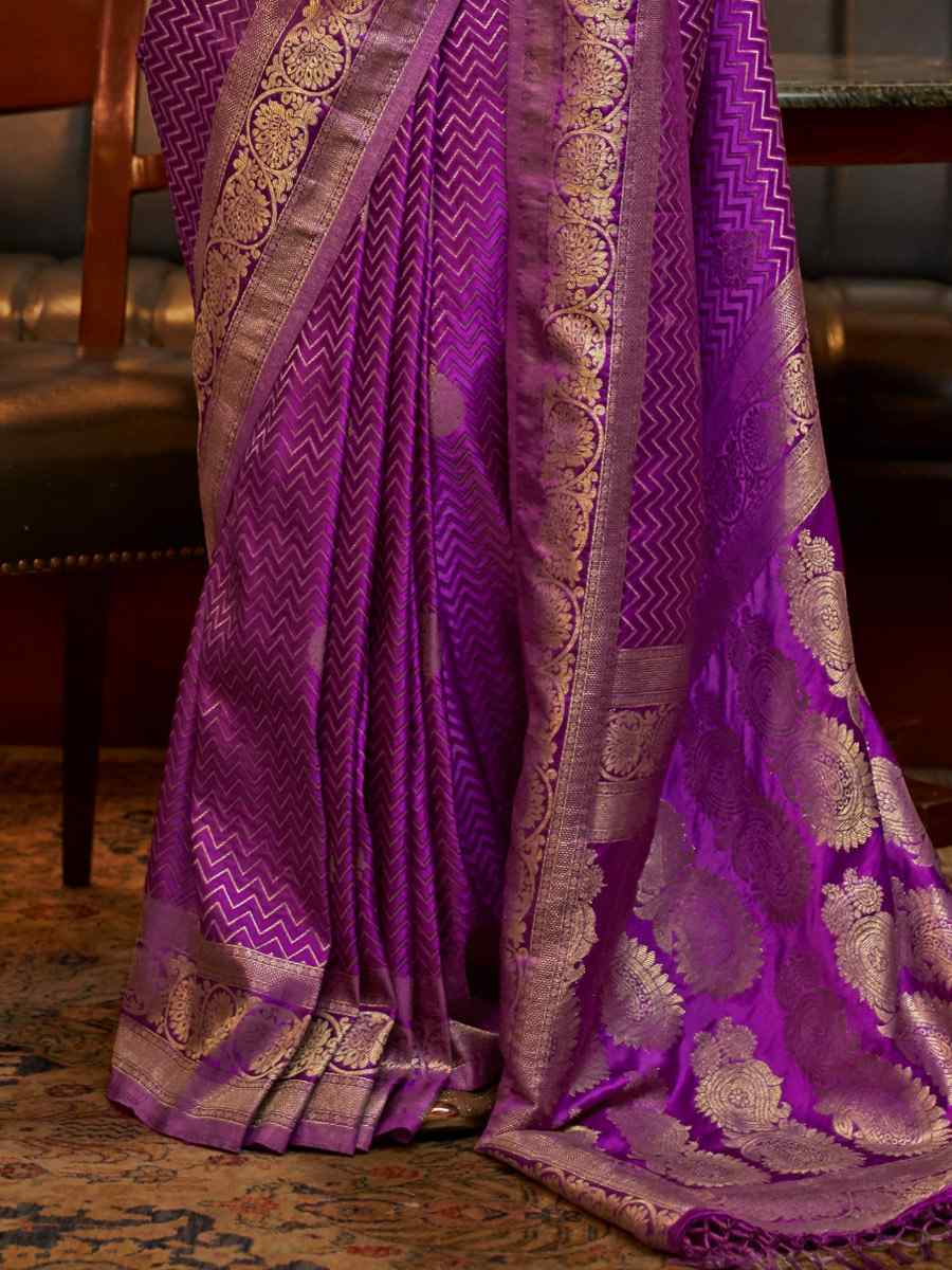 Purple Pure Satin Silk Handwoven Wedding Festival Classic Style Saree