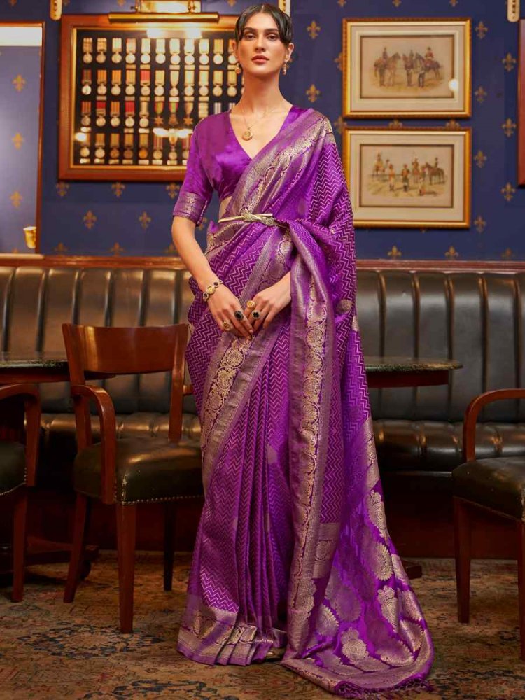 Purple Pure Satin Silk Handwoven Wedding Festival Classic Style Saree