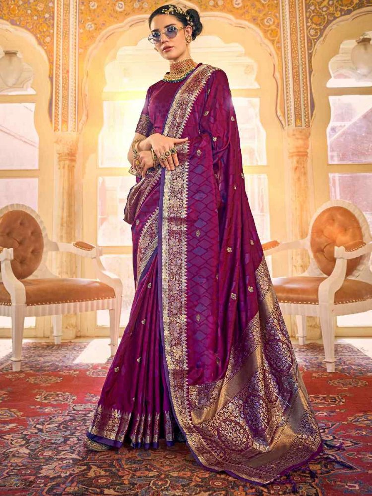 Purple Pure Satin Silk Handwoven Wedding Festival Heavy Border Saree