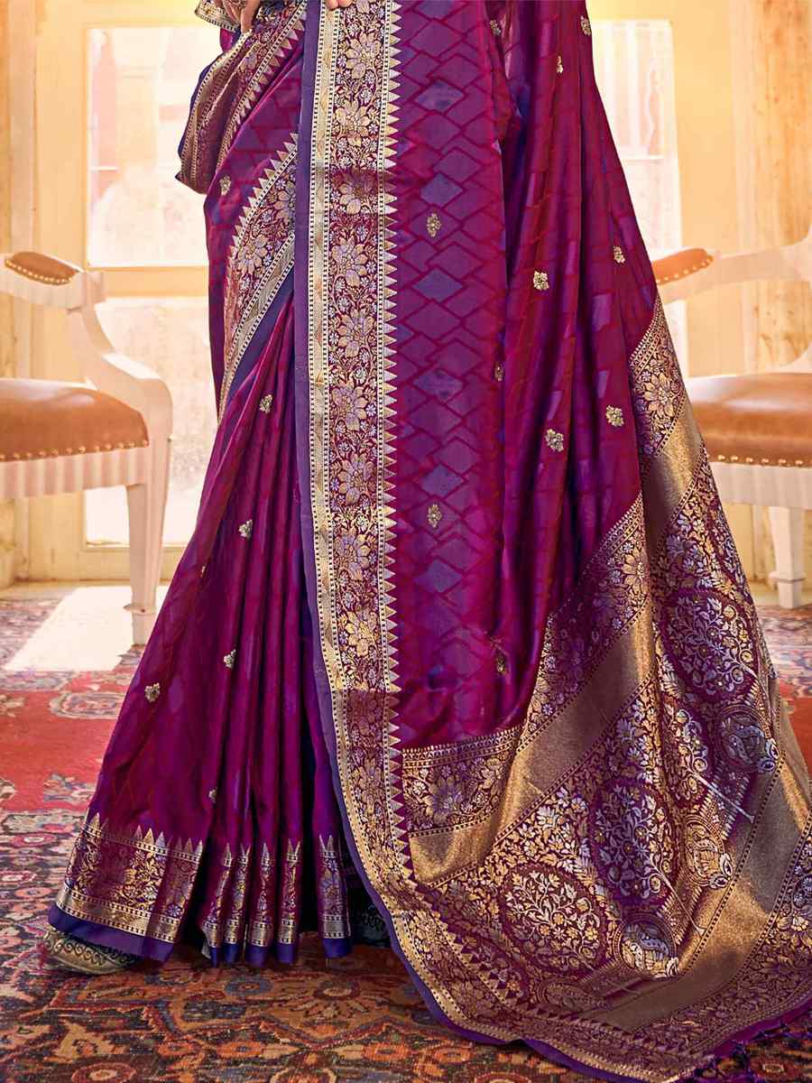 Purple Pure Satin Silk Handwoven Wedding Festival Heavy Border Saree