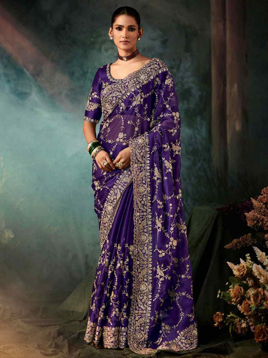 Purple Pure Silk Embroidery Bridal Reception Festival Wedding Fancy Classic Heavy Border Saree