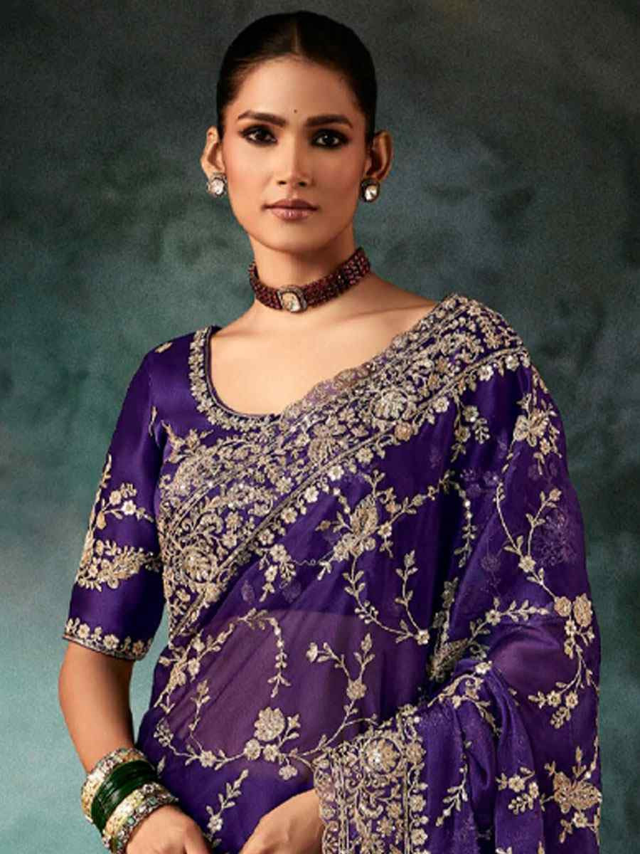 Purple Pure Silk Embroidery Bridal Reception Festival Wedding Fancy Classic Heavy Border Saree