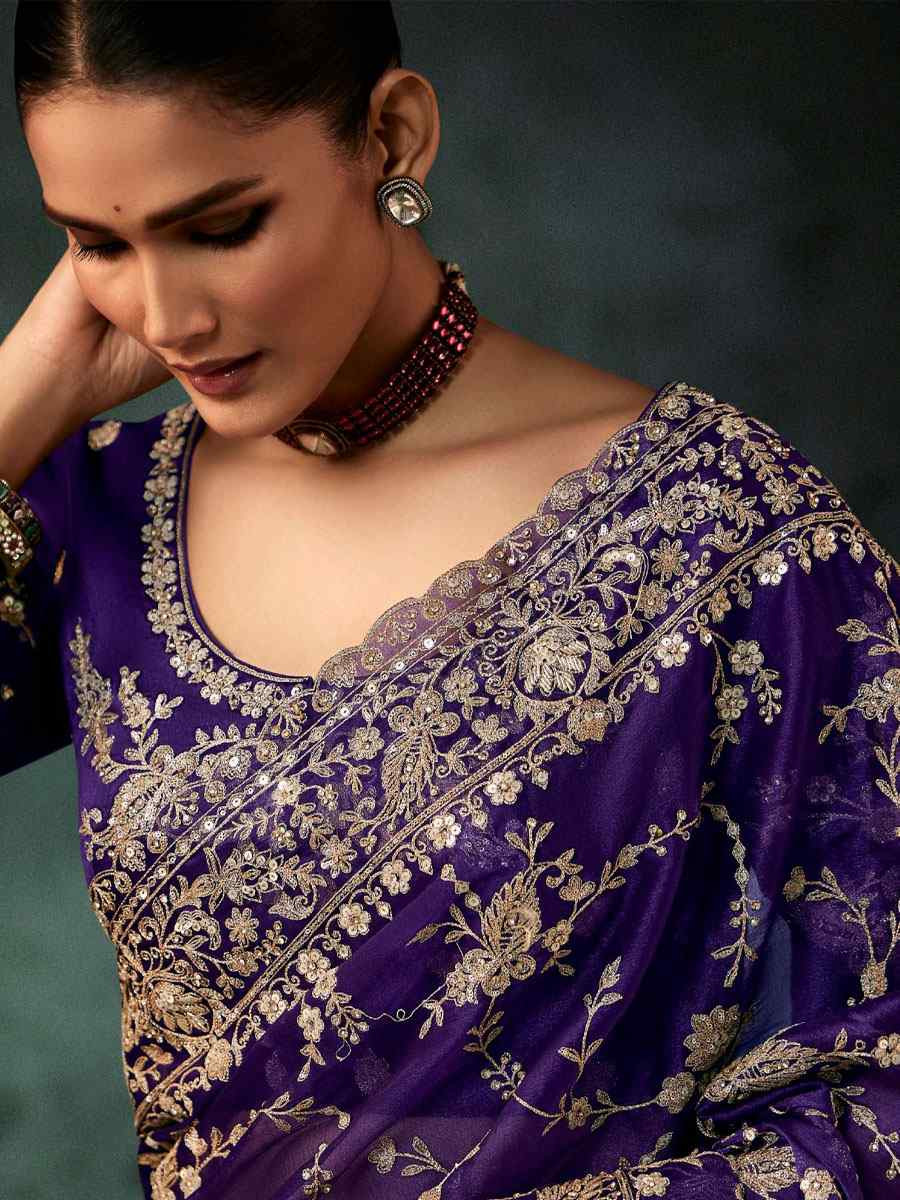 Purple Pure Silk Embroidery Bridal Reception Festival Wedding Fancy Classic Heavy Border Saree