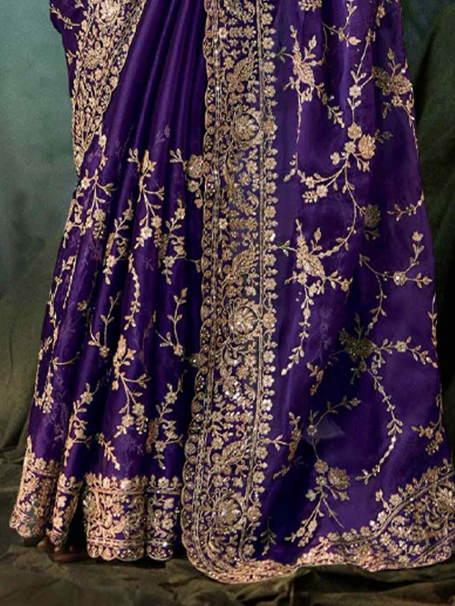 Purple Pure Silk Embroidery Bridal Reception Festival Wedding Fancy Classic Heavy Border Saree