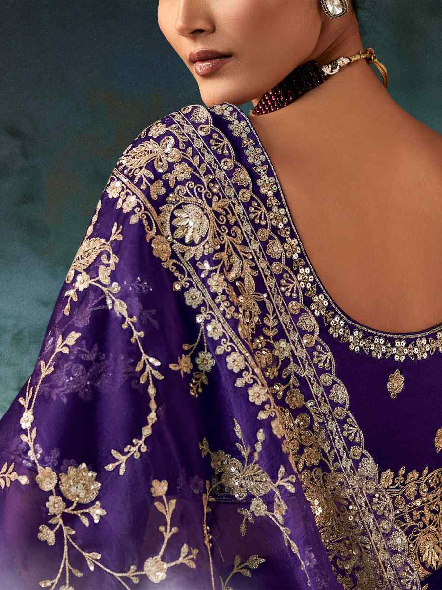 Purple Pure Silk Embroidery Bridal Reception Festival Wedding Fancy Classic Heavy Border Saree