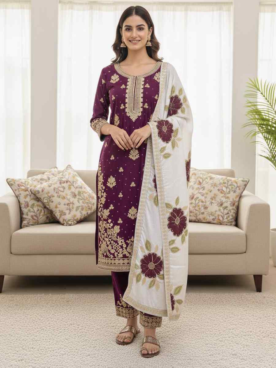 Purple Pure Silk Embroidery Party Wedding Festival Casual Ready Palazzo Pant Salwar Kameez