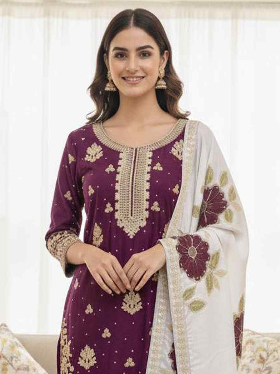 Purple Pure Silk Embroidery Party Wedding Festival Casual Ready Palazzo Pant Salwar Kameez
