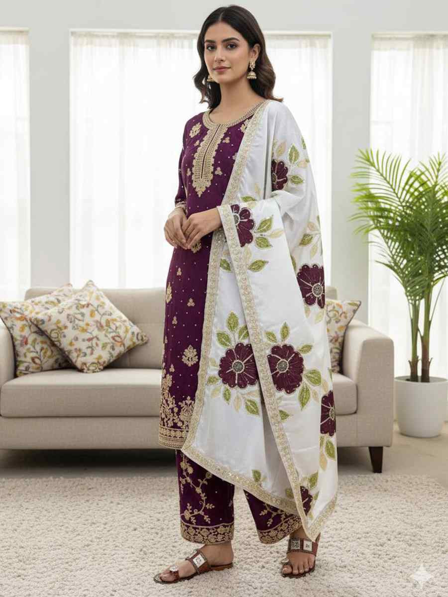 Purple Pure Silk Embroidery Party Wedding Festival Casual Ready Palazzo Pant Salwar Kameez